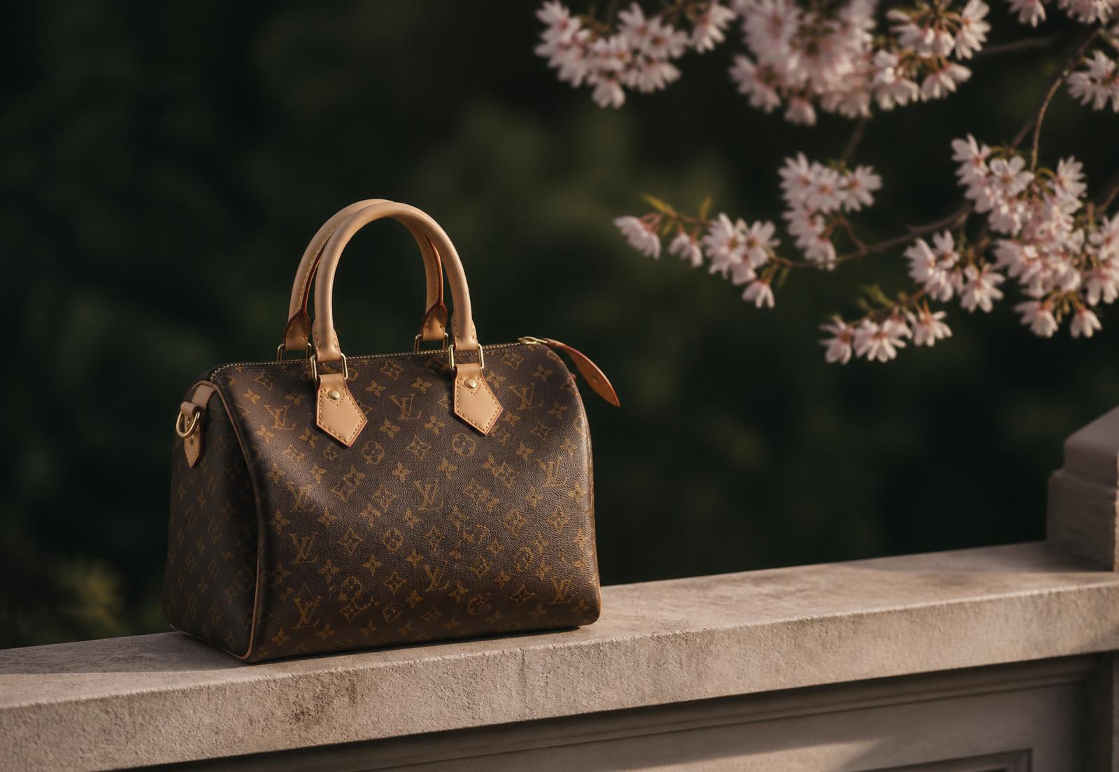 Sac iconique en toile monogram posé sur une pierre, sous les cerisiers en fleurs